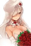  1girl bare_shoulders beret blush bouquet bow braid breasts bridal_veil cleavage closed_mouth detached_collar dress flower g36c_(girls_frontline) girls_frontline hair_over_one_eye hat holding holding_bouquet large_breasts long_hair looking_at_viewer peanutc red_flower red_rose rose see-through side_braid silver_hair simple_background smile solo strapless strapless_dress upper_body veil violet_eyes white_background white_bow white_dress white_headwear white_neckwear 