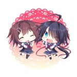  2girls ahoge bangs black_hair brown_hair chibi closed_eyes elbow_gloves fang full_body furutaka_(kantai_collection) gloves hair_ornament hair_over_one_eye hairclip kako_(kantai_collection) kantai_collection long_hair lowres messy_hair midriff multiple_girls neckerchief open_mouth parted_bangs pleated_skirt ponytail red_legwear remodel_(kantai_collection) school_uniform serafuku short_hair single_elbow_glove single_thighhigh skirt smile star tamagawa_yukimaru thigh-highs two-tone_background white_background 