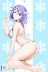  1girl alfred_cullado ass barefoot bikini blue_eyes blue_ribbon eyebrows_visible_through_hair hair_between_eyes halterneck hand_on_own_knee highres looking_at_viewer mouth_hold nail_polish patreon_logo purple_hair ribbon rosario+vampire shiny shiny_hair shiny_skin shirayuki_mizore short_hair single_hair_intake snowflake_background soles solo striped striped_background swimsuit watermark white_bikini white_nails 