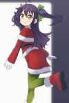  1girl abe_kanari brown_eyes capelet feet_out_of_frame gloves green_legwear hair_ribbon high_school_fleet leg_up long_hair pantyhose purple_hair red_footwear ribbon santa_costume school_uniform serafuku smile solo suruga_runa two_side_up white_gloves 