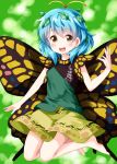  1girl :d antennae barefoot blue_hair blush brown_eyes butterfly_wings eternity_larva eyebrows_visible_through_hair green_background highres leaf leaf_on_head looking_at_viewer open_mouth ruu_(tksymkw) short_hair skirt smile solo touhou wings yellow_skirt yellow_wings 