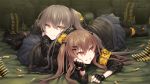  2girls bangs black_legwear blush boots breasts brown_hair bullet closed_mouth eyebrows_visible_through_hair fingerless_gloves full_body girls_frontline gloves grey_hair grin hair_between_eyes hair_ornament hairclip highres jacket kyo long_hair looking_at_viewer lying multiple_girls on_stomach one_side_up pantyhose red_eyes ribbon scar scar_across_eye shirt skirt smile twintails ump45_(girls_frontline) ump9_(girls_frontline) white_shirt yellow_eyes 