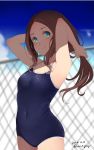  1girl blue_eyes blue_sky blue_swimsuit blurry breasts brown_hair chain-link_fence clouds commentary_request competition_school_swimsuit covered_navel cowboy_shot dated depth_of_field fate/grand_order fate_(series) fence forehead holding holding_hair leonardo_da_vinci_(fate/grand_order) long_hair mine_(wizard) outdoors school_swimsuit shade sky small_breasts smile solo swimsuit twitter_username wavy_hair 