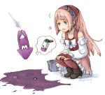  1girl bandanna boots felicia_(fire_emblem_if) fingerless_gloves fire_emblem fire_emblem_heroes fire_emblem_if gloves green_eyes high_heels inkling long_hair long_sleeves lowres nintendo open_mouth pink_hair ponytail robaco simple_background splatoon_(series) squatting twitter_username white_background 