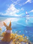  2others artist_name backstroke beach blue_sky closed_eyes clouds creatures_(company) eevee ein_lee flower game_freak gen_1_pokemon grass hill landscape lighthouse multiple_others nintendo no_humans ocean pokemon pokemon_(creature) reflection ripples scenery sitting sky swimming tail vaporeon water 