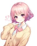  1girl :3 blush bow bowtie breasts brown_cardigan buttons collared_shirt facial_mark fang hand_up heart inhoya2000 long_sleeves looking_at_viewer lucid maplestory pink_hair pink_neckwear pointy_ears school_uniform shirt short_hair sidelocks simple_background small_breasts smile solo twitter_username undershirt upper_body violet_eyes white_background white_shirt 