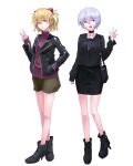  2girls :d alternate_hair_length alternate_hairstyle ayanami_rei bag black_footwear black_jacket black_sailor_collar black_shirt black_skirt blonde_hair blue_eyes boots brown_shorts collar collarbone earrings eyebrows_visible_through_hair full_body grey_footwear hair_between_eyes hand_in_pocket handbag headgear highres jacket jewelry konbari_tariumu long_sleeves looking_at_viewer miniskirt multiple_girls neck_ribbon neon_genesis_evangelion open_clothes open_jacket open_mouth pencil_skirt purple_ribbon purple_sweater red_eyes ribbed_sweater ribbon sailor_collar shiny shiny_clothes shiny_hair shirt short_hair short_shorts shorts silver_hair simple_background skirt smile souryuu_asuka_langley standing sweater v waving white_background 