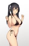  bikini black_bikini black_hair bracelet breasts cleavage contrapposto cowboy_shot elf elf_(houtengeki) gradient gradient_background hair_ribbon halterneck houtengeki jewelry large_breasts long_hair looking_at_viewer navel original parted_lips pointy_ears ribbon side-tie_bikini sidelocks simple_background string_bikini swimsuit twintails yellow_eyes 