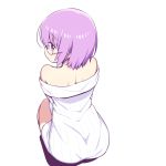  1girl ass back bare_shoulders chan_co dress eyebrows_visible_through_hair fate/grand_order fate_(series) from_above from_behind full_body glasses long_sleeves looking_at_viewer looking_back mash_kyrielight off-shoulder_dress off-shoulder_sweater off_shoulder profile purple_hair ribbed_sweater short_hair shoulder_blades simple_background solo squatting sweater sweater_dress violet_eyes white_background white_sweater 