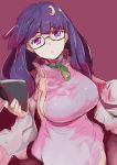  1girl alternate_costume book breasts crescent crescent_hair_ornament crescent_moon glasses hair_ornament highres large_breasts moon patchouli_knowledge purple_background purple_hair sideboob touhou violet_eyes yohane 
