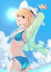  1girl absurdres armpits arms_up ass bikini blonde_hair blue_bikini blue_sky breasts brown_eyes cleavage clouds da_(dsasd751) day haru_estia hat hat_ribbon highres looking_at_viewer medium_breasts outdoors parted_lips red_ribbon ribbon see-through shiny shiny_skin short_hair side-tie_bikini sideboob sky solo soul_worker standing sun_hat swimsuit white_headwear 