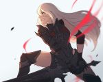  1girl android angry armor aura black_armor clenched_teeth dark_knight_(final_fantasy) elbow_gloves final_fantasy final_fantasy_xiv from_side gloves greatsword holding holding_sword holding_weapon koyorin long_hair looking_afar nier_(series) nier_automata robot_joints silver_hair simple_background solo sword teeth thigh-highs weapon yorha_type_a_no._2 