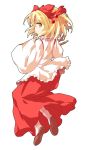  1girl alphes_(style) blonde_hair bow commentary_request dairi erhu eyebrows_visible_through_hair frills from_behind hair_bow hair_ornament instrument long_skirt long_sleeves looking_at_viewer looking_back medium_hair parody red_bow red_skirt sandals satsuki_rin shirt skirt smile socks solo style_parody tachi-e touhou transparent_background white_shirt wide_sleeves yellow_eyes 