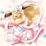  :d blue_eyes blush bow bright_pupils closed_eyes closed_mouth commentary_request eevee heart highres no_humans open_mouth pokemon pokemon_(creature) remedy_matome smile sylveon twitter_username white_pupils 