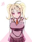  1girl ahoge akamatsu_kaede alternate_hairstyle arms_behind_back bangs beamed_eighth_notes blonde_hair blush breasts commentary dangan_ronpa eighth_note english_commentary eyebrows_visible_through_hair hair_ornament highres huyandere long_hair looking_at_viewer musical_note musical_note_hair_ornament necktie new_dangan_ronpa_v3 pleated_skirt school_uniform shirt simple_background skirt smile solo sweater_vest twintails violet_eyes 