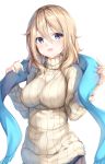  1girl :d aoyama_blue_mountain bangs blonde_hair blue_eyes blue_scarf breasts commentary_request fringe_trim gochuumon_wa_usagi_desu_ka? hair_between_eyes hands_up highres holding_scarf large_breasts long_hair long_sleeves looking_at_viewer open_mouth ribbed_sweater scarf shiero. sidelocks simple_background smile solo sweater turtleneck turtleneck_sweater upper_body white_background white_sweater 