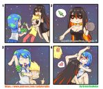  &gt;_&lt; 1boy 2girls :d absurdres arm_up artist_name asymmetrical_sleeves bangs bite_mark black_hair black_sclera blonde_hair blue_eyes blue_hair blue_neckwear blue_sailor_collar blue_skirt blush bowl cellphone clenched_teeth closed_eyes comic earth-chan eyebrows_visible_through_hair food food_on_face green_hair greenteaneko grin hair_between_eyes head_bump highres holding holding_bowl holding_cellphone holding_phone m87_black_hole middle_finger monster_girl multicolored_hair multiple_girls neckerchief nose_blush open_mouth orange_eyes original personification phone pleated_skirt red_eyes redhead sailor_collar sharp_teeth shirt short_sleeves silent_comic skirt small smile streaked_hair sweat teeth tongue tongue_out tree two-tone_hair v-shaped_eyebrows watermark web_address white_shirt yellow_shirt 