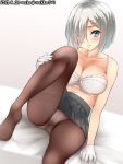  1girl black_legwear blue_eyes blush bra breasts closed_mouth dated gradient gradient_background hair_ornament hair_over_one_eye hairclip hamakaze_(kantai_collection) highres kantai_collection large_breasts looking_at_viewer navel nuka_(nvkka) panties panties_under_pantyhose pantyhose pleated_skirt short_hair silver_hair skirt solo sweatdrop underwear white_bra 