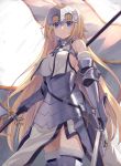  1girl armor armored_dress bare_shoulders blonde_hair blue_eyes braid breasts capelet chains fate/apocrypha fate/grand_order fate_(series) faulds flag fur_trim gauntlets headpiece highres holding holding_sword holding_weapon jeanne_d&#039;arc_(fate) jeanne_d&#039;arc_(fate)_(all) kou_v05first large_breasts long_hair ruler_(fate/apocrypha) solo sword very_long_hair weapon yellow_eyes 