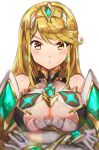  1girl bangs bare_shoulders blonde_hair breasts cleavage cleavage_cutout closed_mouth earrings frown highres mythra_(xenoblade) jewelry large_breasts long_hair looking_at_viewer minmicut monolith_soft nintendo simple_background solo straight_hair swept_bangs tiara tsundere upper_body white_background xenoblade_(series) xenoblade_2 yellow_eyes 