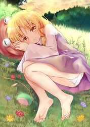  1girl absurdres ass bangs barefoot blonde_hair blush brown_headwear clouds commentary_request eyebrows_visible_through_hair flower full_body grass hair_ribbon hat hat_removed headwear_removed highres long_sleeves looking_at_viewer lying moriya_suwako on_side outdoors own_hands_together panties pantyshot pantyshot_(lying) purple_flower purple_skirt purple_vest pyonta ramudia_(lamyun) red_flower red_ribbon ribbon shadow shirt short_hair sidelocks skirt skirt_set smile solo sunset thighs touhou tree underwear vest white_panties white_shirt wide_sleeves yellow_eyes yellow_flower 