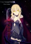  1girl artoria_pendragon_(all) black_gloves black_legwear black_skirt blonde_hair breasts cape character_name commentary_request copyright_name dark_background den_yhku4723 dress elbow_gloves fate/grand_order fate_(series) fur_trim gloves hair_between_eyes hair_ribbon highres looking_at_viewer magic medium_breasts ribbon saber_alter short_hair skirt solo thigh-highs weapon yellow_eyes 