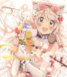  1girl :d absurdres animal_ear_fluff animal_ears bangs blurry blurry_foreground blush bouquet bow brown_eyes commentary_request depth_of_field elbow_gloves eyebrows_visible_through_hair flower gloves hair_between_eyes hair_bow hair_flower hair_ornament hands_up head_tilt highres holding holding_bouquet looking_at_viewer open_mouth original pink_flower purple_flower red_bow red_flower sakura_oriko shirt sleeveless sleeveless_shirt smile solo tree_branch upper_body white_background white_flower white_gloves white_hair white_shirt wrist_cuffs yellow_flower 
