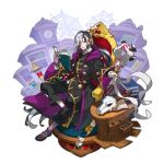  1boy black_coat book dragalia_lost heinwald_(dragalia_lost) looking_at_viewer male_focus mouse multicolored_hair non-web_source official_art red_eyes saitou_naoki scar sitting skull staff stitched_face stitches 