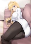  1girl ass azur_lane bangs black_gloves black_legwear blonde_hair blue_eyes blush breasts choker couch eyebrows_visible_through_hair gloves hairband highres indoors jacket kanade_pa large_breasts long_hair looking_at_viewer lying north_carolina_(azur_lane) open_mouth pantyhose skirt solo white_jacket white_skirt 