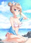  1girl 3: absurdres albi animal bare_arms bare_legs bare_shoulders barefoot beach bikini bird blue_eyes blue_jacket blue_sky blush breasts brown_hair bunny_hair_ornament caustics cleavage closed_mouth clouds cloudy_sky collarbone day frilled_bikini frills girls_frontline hair_bun hair_intakes hair_ornament hairband halter_top halterneck hand_up highres horizon jacket kneeling light_rays long_hair looking_at_viewer medium_breasts navel ocean off_shoulder outdoors rock sand sidelocks sky snowflake_hair_ornament solo starfish stomach sunbeam sunlight suomi_kp31_(girls_frontline) swimsuit thighs water white_bikini 