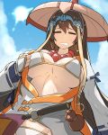  1girl ajirogasa bead_necklace beads bikini blue_sky breasts bridal_gauntlets brown_hair closed_eyes commentary_request earrings fate/grand_order fate_(series) gin_moku gourd hat hoop_earrings hot jewelry large_breasts long_hair necklace sky sweat swimsuit xuanzang_(fate/grand_order) 