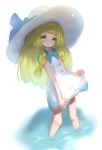  1girl blonde_hair braid creatures_(company) dress game_freak green_eyes hat highres lillie_(pokemon) long_hair nintendo parted_lips pokemon pokemon_(game) pokemon_sm sleeveless sleeveless_dress solo sun_hat twin_braids wading water white_dress white_headwear yk_ksdh4582 