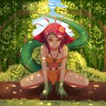  1girl absurdres bare_arms bare_legs bare_shoulders breasts cleavage commentary flower full_body green_skin hair_flower hair_ornament hands_on_ground highres huge_filesize league_of_legends lizard_girl lizard_tail long_hair looking_at_viewer lovesexieie monster_girl multicolored_hair navel neeko_(league_of_legends) off_shoulder outdoors slit_pupils smile solo strap_slip tail tree yellow_eyes 