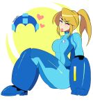  1girl absurdres arm_cannon armor artist_request blonde_hair blue_bodysuit blue_eyes bodysuit breasts highres impossible_bodysuit impossible_clothes long_hair metroid mole mole_under_mouth nintendo one_eye_closed ponytail rockman rockman_(character) rockman_(classic) samus_aran simple_background skin_tight super_smash_bros. super_smash_bros_brawl super_smash_bros_for_wii_u_and_3ds tongue tongue_out weapon zero_suit 