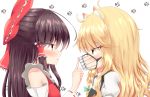  2girls ahoge animal_ear_fluff animal_ears bare_shoulders black_hair black_vest blonde_hair blush bow braid breasts brown_eyes cat_ears commentary_request detached_sleeves eye_contact frilled_bow frills from_side green_bow hair_bow hair_tubes hakurei_reimu hickey kemonomimi_mode kirisame_marisa long_hair long_sleeves looking_at_another multiple_girls muzzle no_hat no_headwear parted_lips paw_print profile puffy_short_sleeves puffy_sleeves rankasei red_bow ribbon-trimmed_sleeves ribbon_trim sarashi shirt short_sleeves sidelocks simple_background single_braid small_breasts sweat touhou tsurime upper_body vest white_background white_shirt wide_sleeves yellow_eyes 