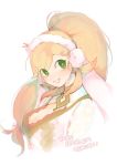  1girl animal_ears bii_(chigonez) blonde_hair braid breasts bunny_tail bunnysuit earmuffs fire_emblem fire_emblem_heroes gloves green_eyes long_hair looking_at_viewer multicolored_hair nintendo rabbit_ears sharena simple_background smile solo tail white_background 