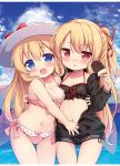  2girls :d :o baku-p bangs bare_arms bare_shoulders bikini black_bikini black_jacket blonde_hair blue_eyes blue_sky blush bow breasts cleavage clouds cloudy_sky commentary_request day eyebrows_visible_through_hair fairy_wings food gluteal_fold hair_between_eyes hair_ribbon hat hat_bow highres holding holding_food horizon ice_cream jacket lily_black lily_white long_hair long_sleeves medium_breasts multiple_girls navel ocean one_side_up open_clothes open_jacket open_mouth outdoors parted_lips pink_bikini pink_wings red_bow red_eyes red_ribbon ribbon sky small_breasts smile sun_hat swimsuit thigh_gap touhou transparent_wings very_long_hair water white_headwear wings 