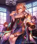  3girls book braid breasts brown_hair cherry_blossoms company_name copyright_name day detached_sleeves dress esukee flower hair_between_eyes hair_flower hair_ornament hand_up holding indoors large_breasts legs_crossed long_hair long_sleeves looking_at_viewer multiple_girls official_art omikuji ponytail purple_hair ribbon-trimmed_sleeves ribbon_trim sengoku_saga side_braid solo_focus thigh_strap violet_eyes wide_sleeves window 