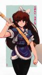  1girl bangs bow breasts brown_hair clenched_hand commentary david_liu english_commentary hair_bow highres huge_weapon japanese_clothes kuonji_ukyou long_hair medium_breasts over_shoulder pants pantyhose ranma_1/2 sleeves_rolled_up solo spatula standing strap thigh_gap weapon weapon_over_shoulder 