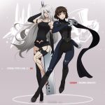  2girls android armlet biker_clothes black_gloves black_shorts bodysuit braid brown_hair cheryl_anne crown_braid full_body gloves highres long_hair mole mole_under_mouth multiple_girls nier_(series) nier_automata niijima_makoto persona persona_5 red_background red_eyes robot_joints short_hair short_shorts shorts shoulder_spikes silver_hair simple_background spikes tank_top yorha_type_a_no._2 