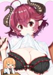  2girls absurdres black_bra blush bra breasts brown_eyes chibi chibi_inset cleavage closed_mouth eyebrows_visible_through_hair grea_(shingeki_no_bahamut) highres horns large_breasts looking_at_viewer mahou_shounen mouth_hold multiple_girls redhead shingeki_no_bahamut shirt shirt_lift short_hair under_boob underwear white_shirt 