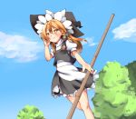  1girl apron bamboo_broom black_skirt black_vest blonde_hair blue_sky blush braid bright_pupils broom clouds cycloneyukari day dutch_angle feet_out_of_frame fingernails from_below hand_in_hair hat high_collar holding holding_broom kirisame_marisa long_hair looking_away orange_eyes outdoors petticoat puffy_short_sleeves puffy_sleeves shirt short_sleeves single_braid skirt sky smile solo standing standing_on_one_leg touhou tree vest waist_apron white_shirt wind witch_hat 
