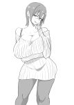  1girl breasts cleavage doctor_masube dress earrings full_body glasses greyscale grin highres hoop_earrings huge_breasts jewelry kujimiya_kumiko&#039;s_mother mature monochrome original pantyhose ring short_hair simple_background smile solo sweater sweater_dress wedding_ring white_background 