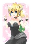  1girl :d armlet binato_lulu black_dress blonde_hair blue_eyes blush bowsette bracelet breasts choker cleavage collarbone covered_navel demon_horns dress earrings eyebrows_visible_through_hair fang hair_between_eyes horns jewelry large_breasts long_hair super_mario_bros. new_super_mario_bros._u_deluxe nintendo open_mouth ponytail shiny shiny_hair sleeveless sleeveless_dress smile solo striped striped_dress super_crown 