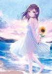  1girl bangs bare_arms bare_shoulders barefoot blue_eyes blue_sky blush breasts brown_hair closed_mouth clouds cloudy_sky commentary_request dress eyebrows_visible_through_hair floating_hair flower highres holding holding_flower kashiwabara_en long_hair looking_at_viewer looking_to_the_side original outdoors see-through see-through_silhouette sky small_breasts smile soles solo standing standing_on_one_leg sundress sunflower sunrise water waves white_dress 
