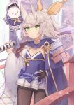  1girl absurdres azur_lane bangs bird bridge cape cherry_blossoms cowboy_shot eicam expressionless falling_petals green_eyes grey_hair hair_ribbon hair_wings highres holding holding_sword holding_weapon katana kitakaze_(azur_lane) long_sleeves pantyhose ribbon sailor_collar short_hair solo standing sword tree weapon wide_sleeves 