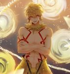  1boy abs armor blonde_hair chains commentary_request crossed_arms earrings fate/grand_order fate/hollow_ataraxia fate/stay_night fate_(series) gate_of_babylon gilgamesh highres jewelry looking_at_viewer necklace open_mouth plackart red_eyes saihate_(d3) shirtless solo tattoo toned toned_male 