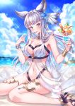  1girl animal_ears bangs bare_shoulders beach bikini blue_eyes blue_flower blunt_bangs blush bracelet breasts cleavage clouds collarbone day eating erune eyebrows_visible_through_hair flower food fruit granblue_fantasy hair_flower hair_ornament halter_top halterneck high_heels highres holding ice_cream jewelry korwa large_breasts long_hair looking_at_viewer navel ocean outdoors parfait sand silver_hair sitting sky smile solo sparkle spoon star star_hair_ornament stomach swimsuit very_long_hair wariza water zoff_(daria) 