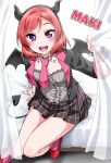  1girl bangs beads bed bed_sheet black_coat blush character_name curtains demon_tail demon_wings detached_collar eyebrows_visible_through_hair headband highres horned_headwear looking_at_viewer love_live! love_live!_school_idol_project necktie nishikino_maki on_bed open_mouth plaid plaid_skirt pleated_skirt red_footwear redhead short_hair simple_background sitting sitting_on_bed skirt sleeve_cuffs smile tail violet_eyes white_background wings wrist_cuffs yopparai_oni 