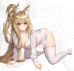  1girl all_fours animal_ear_fluff animal_ears blonde_hair blush breasts cleavage closed_mouth collarbone collared_shirt commission dress_shirt eto_(nistavilo2) fox_ears large_breasts long_hair long_sleeves looking_at_viewer naked_shirt no_shoes one_side_up open_clothes open_shirt original red_eyes shirt solo thigh-highs thighs very_long_hair white_legwear white_shirt zoom_layer 
